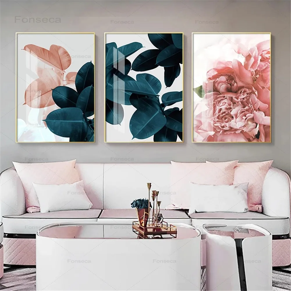 

Pink Green Flower Leaf Nordic Poster Wall Art Canvas Painting Abstract Posters and Prints Wall Pictures for Living Room Decor