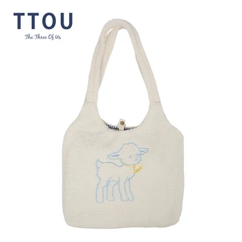 

2020 Autumn Women Small Plush Tote Simple Warm Cloth Bags Embroidery Handbag High Quality Eco Makeup Bag Purses For Girls