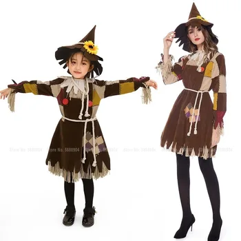 

Halloween Adult Kids Cospaly Wizard of Oz Scarecrow Bogy Party Costume Set Carnival Family Dance Performance Stage Dress Hat Cap