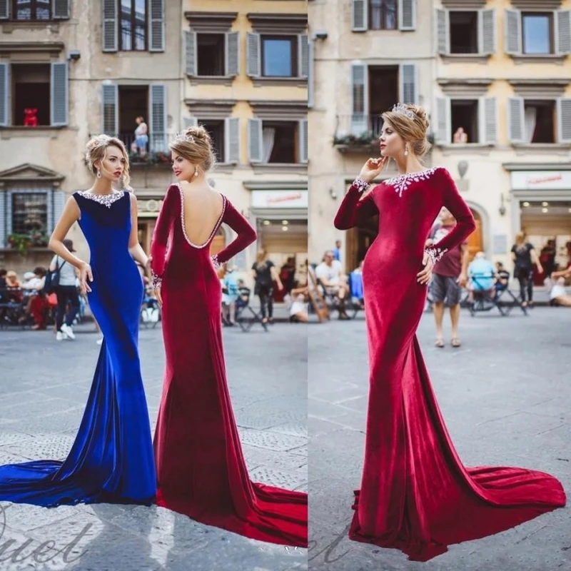 

2020 Gorgeous Dark Red Mermaid Evening Dresses Beaded Backless Sweep Train Formal Party Gowns Velvet Long Prom Dress