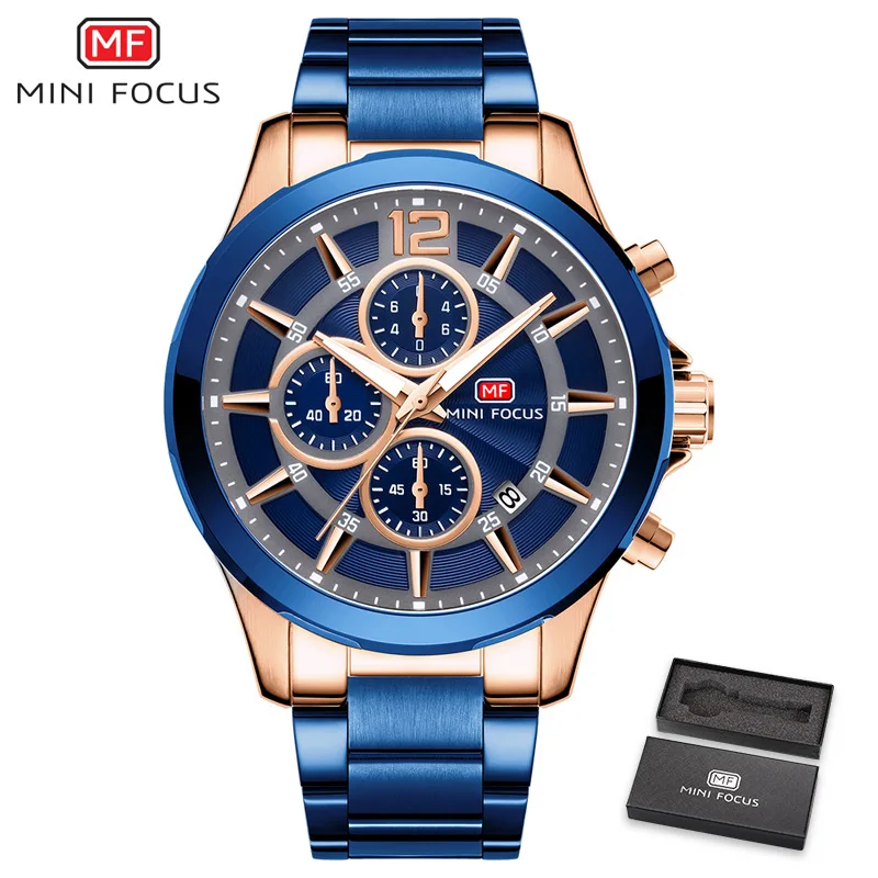 Blue Rose gold MINIFOCUS Модные мужские s часы лучший бренд класса люкс кварцевые наручные часы со стальным ремешком многофункциональные спортивные часы с хронографом мужские часы - Цвет: Blue Rose gold