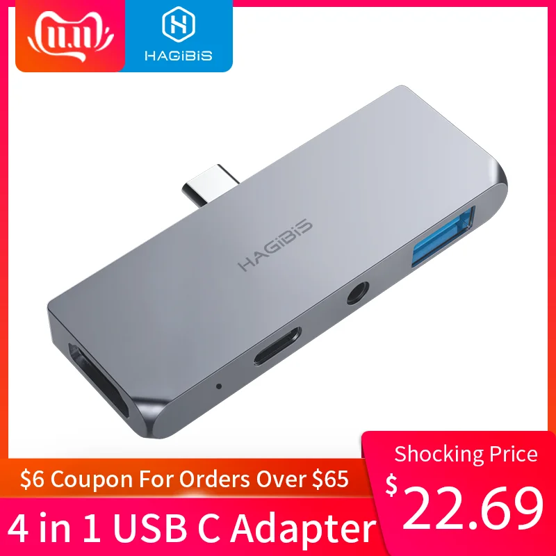 Günstig Hagibis USB C zu HDMI Adapter 4 in 1 Typ C zu Audio PD Lade USB 3.0 Port Konverter 4K HDTV hub für iPad Pro Macbook Laptop