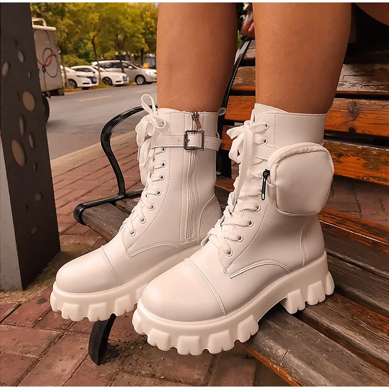 Botas de combate con cordones de bolsillo para mujer, botines de plataforma  con tacón grueso a la moda para otoño, 2021|Botas hasta el tobillo| -  AliExpress