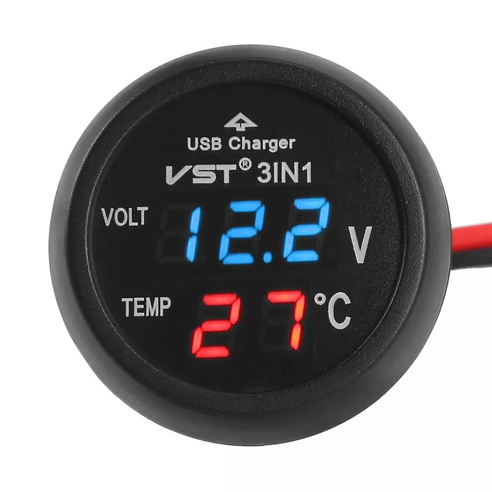 Universal Dual Display LED USB Car Charger with Voltmeter & Thermometer
