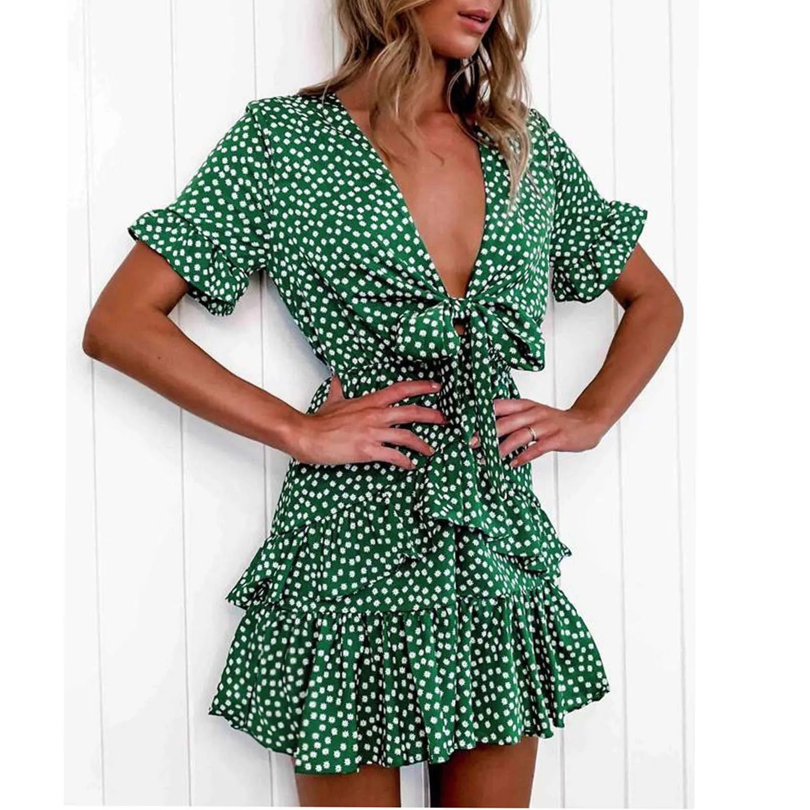 Women Summer Dress Broken Flower Print Ruffle Sexy Deep V Neck Dress Short Sleeve Bow Tie Knee-Length Vintage Mujer Vestido 2
