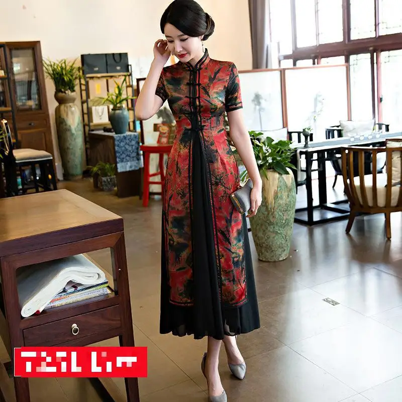 Элегантное китайское традиционное Qipao Восточное женское сексуальное свадебное платье атласное Cheongsam большого размера 3xl 4xl с цветочным принтом Vestidos - Цвет: Черный