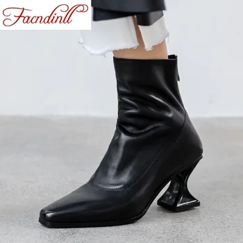 

FACNDINLL new genuine leather women ankle boots shoes autumn winter sexy high heels black dress party riding boots warm shoes
