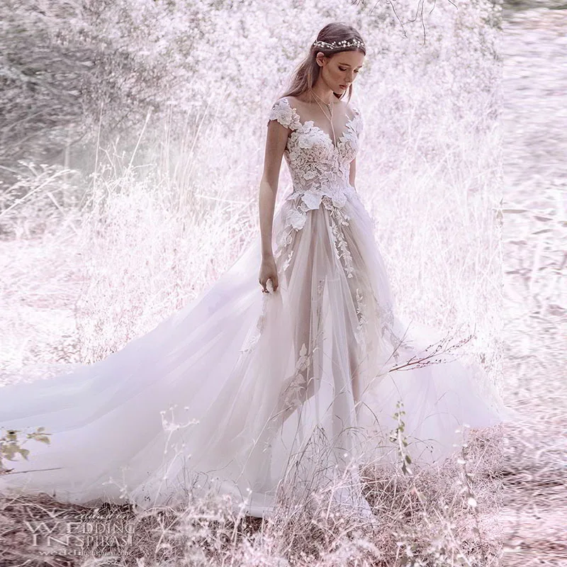 

Flowers Appliques Tulle Wedding Dresses Princess A Line Bridal Gowns Long Vestido De Noiva Brautkleider Vintage Robe De Mariee
