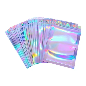

100Pcs Flat Zip Bath Salt Cosmetic Bag One Side Clear Holographic Mini Aluminum Foil Zip Bags Thick