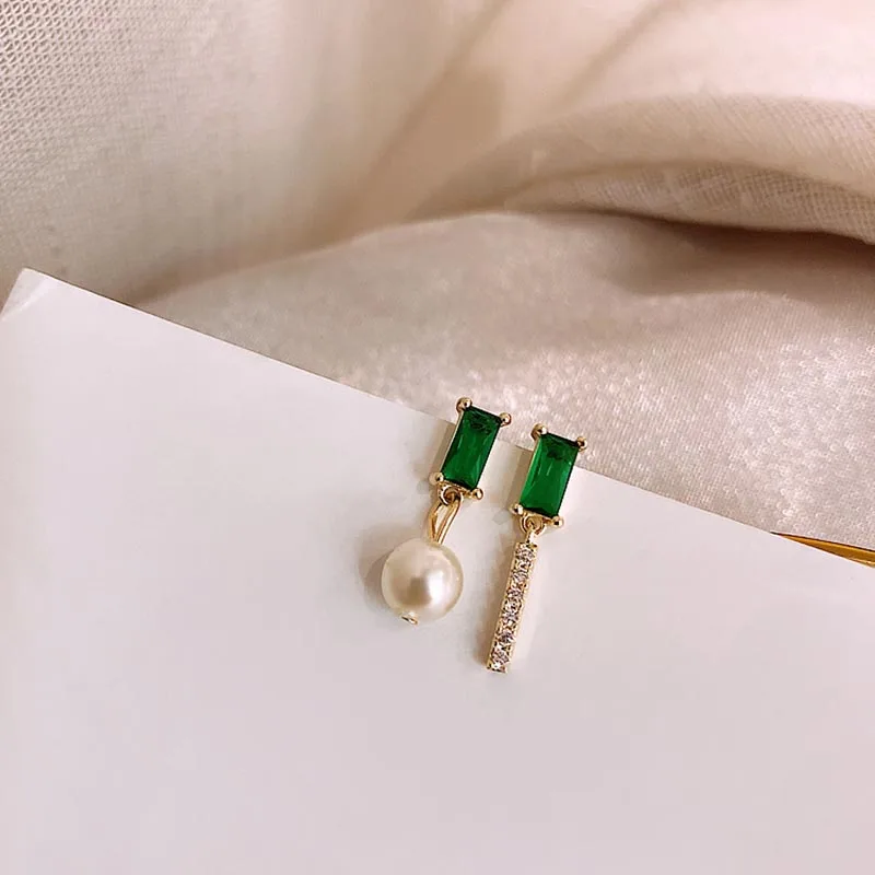 

Large Baroque Pearl Drop Earrings For Women Geometric Genuine Freshwater Pearl Earrings Green Crystal Drop Earrings