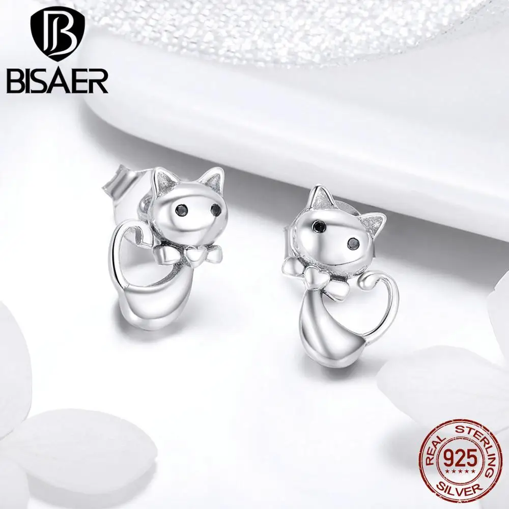 Серьги BISAER Cat, 925 пробы, серебряные серьги-гвоздики с животными для женщин, модные ювелирные изделия для девочек, подарок для детей, Brincos HSE450