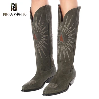 

2019 leather electroembroidered medium cylinder knight boots embroidered pointed medium heel thick heel boot for ladies