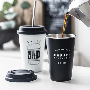 

Coffee Mugs Thickened Stainless Steel Coffee Mugs Tea Cups Big Travel Mug Camping Mug Coffee Cup With Cup Sleeve Lid Straw 450ml