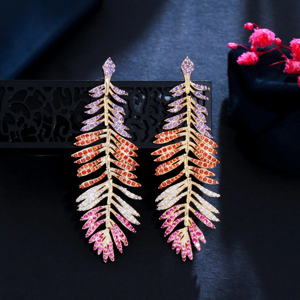 CWWZircons Luxury Multicolor Cubic Zirconia Long Drop Dangle Big Feather Earrings for Women Statement Wedding Jewelry CZ939