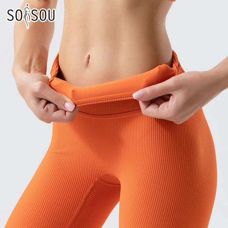 SOISOU Rib Fabric Gym Yoga Pants Leggings Women High Waist Tights Elastic Breathable Sports Leggings For Fitness Women's Pants