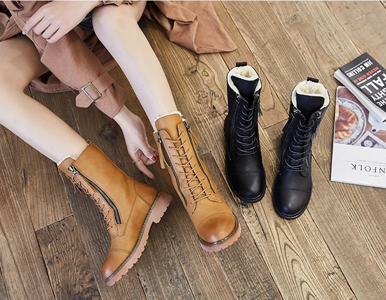 Split Leather Boot Women's Shoes Warm Winter Snow Boots Low Heels Ladies Shoes Woman Fashion Mid-Calf Boots Winter Shoe