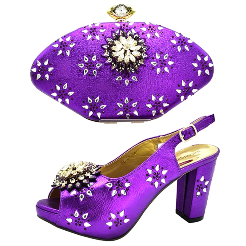 

Elegant and classical purple italian shoes and bag matching set with many big stones for african aso ebi party SB8438-1