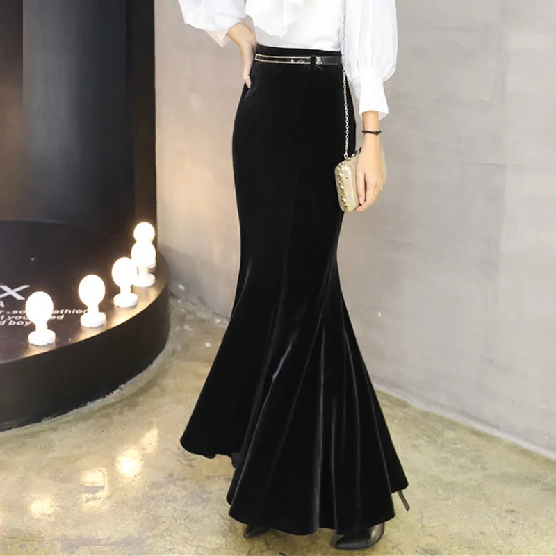 Vintage Black Velvet Maxi Skirt - Women's Elegant Mermaid Style with Belt image 4