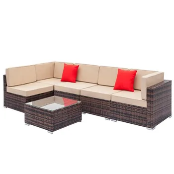

Fully Equipped Weaving Rattan Sofa Set with 2pcs Corner Sofas & 3pcs Single Sofas & 1 pcs Coffee Table Brown Gradient