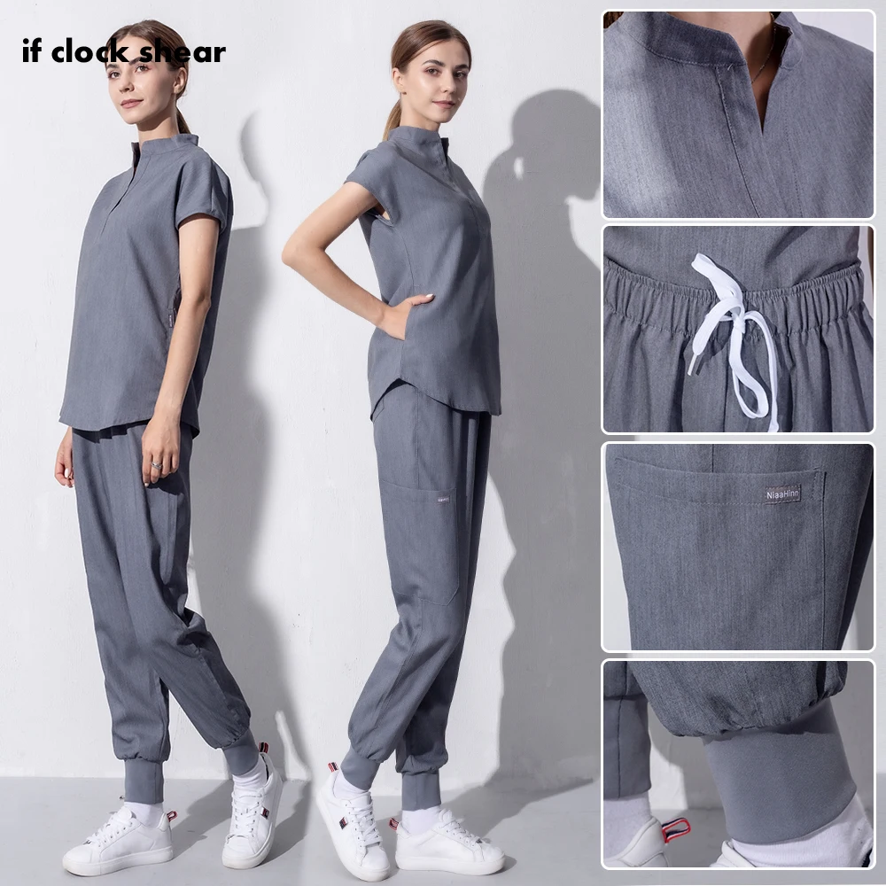 High Quality Denim Gray Scrubs Suits Tooth Check Workwear Spa Uniforms Beautician Scrub Work Suit Scrubs Women Uniform
