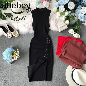 

Vintage Knit Dress Sleevelesss 2019 Autumn Lace Up Slim Sheath Knitting Bottom Dress