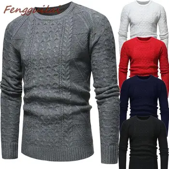 

Spring Winter Men O Neck Casual Sweater Pullover Slim Warm Solid Jacquard Hedging British Men's Clothing Red White Black Gray