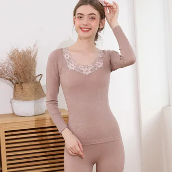 

women's embroidered round neck underwear autumn clothes and autumn pants warm suit waist rib lock Wende warm underwear