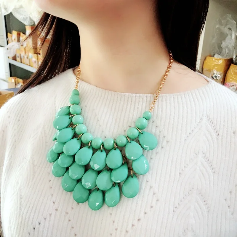 Europe And America Multi-color Water Droplet Surface Cutting Beads Necklace Short Necklace Hand-woven Fan-shaped Resin Necklace