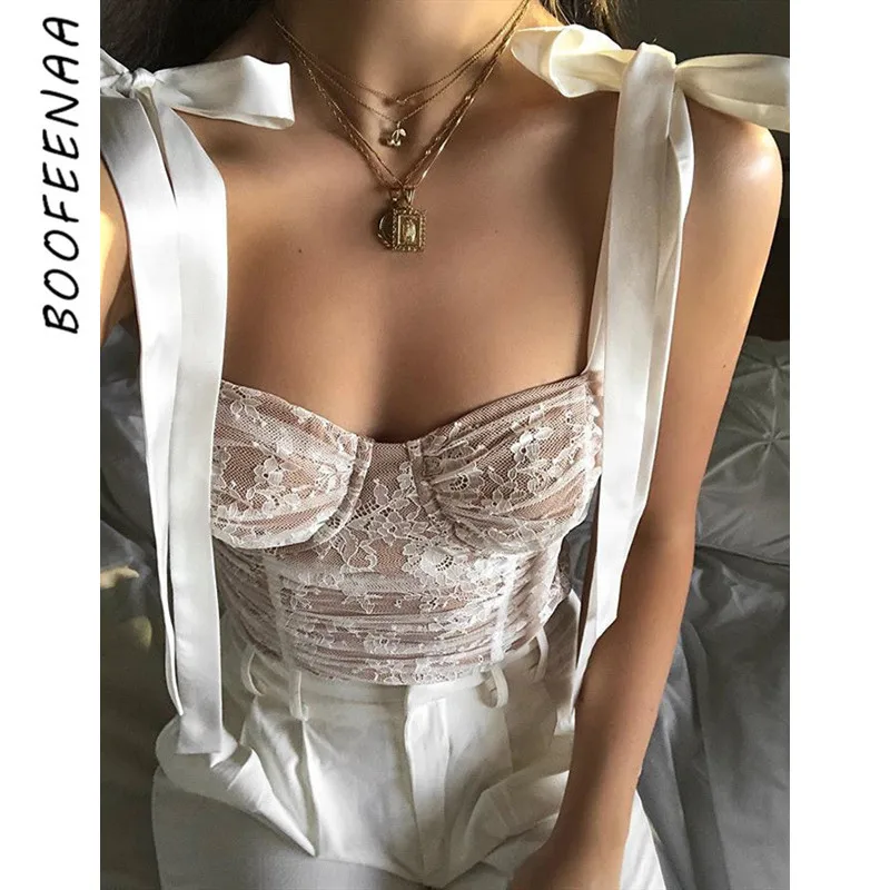BOOFEENAA белый цветочный кружевной топ-бюстье с бабочкой, Женский Топ, элегантный винтажный сексуальный женский топ на бретелях, модный корсет, C71-I80