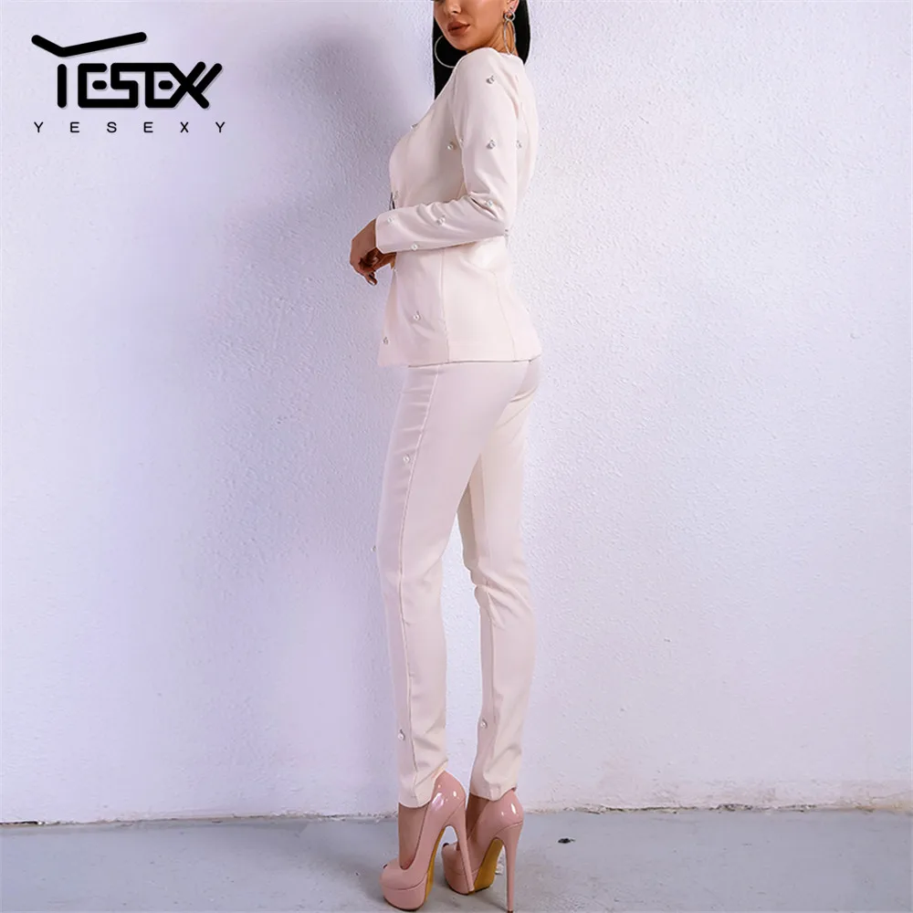 Yesexy/2019, сексуальный женский костюм с длинными рукавами и пуговицами, комплект из двух предметов, Одноцветный осенне-зимний женский блейзер