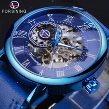 Forsining Mens Full Blue Mechanical Watches Hand Winding Analog Genuine Leather Belt Business Dress Wristwatch Relogio Masculino