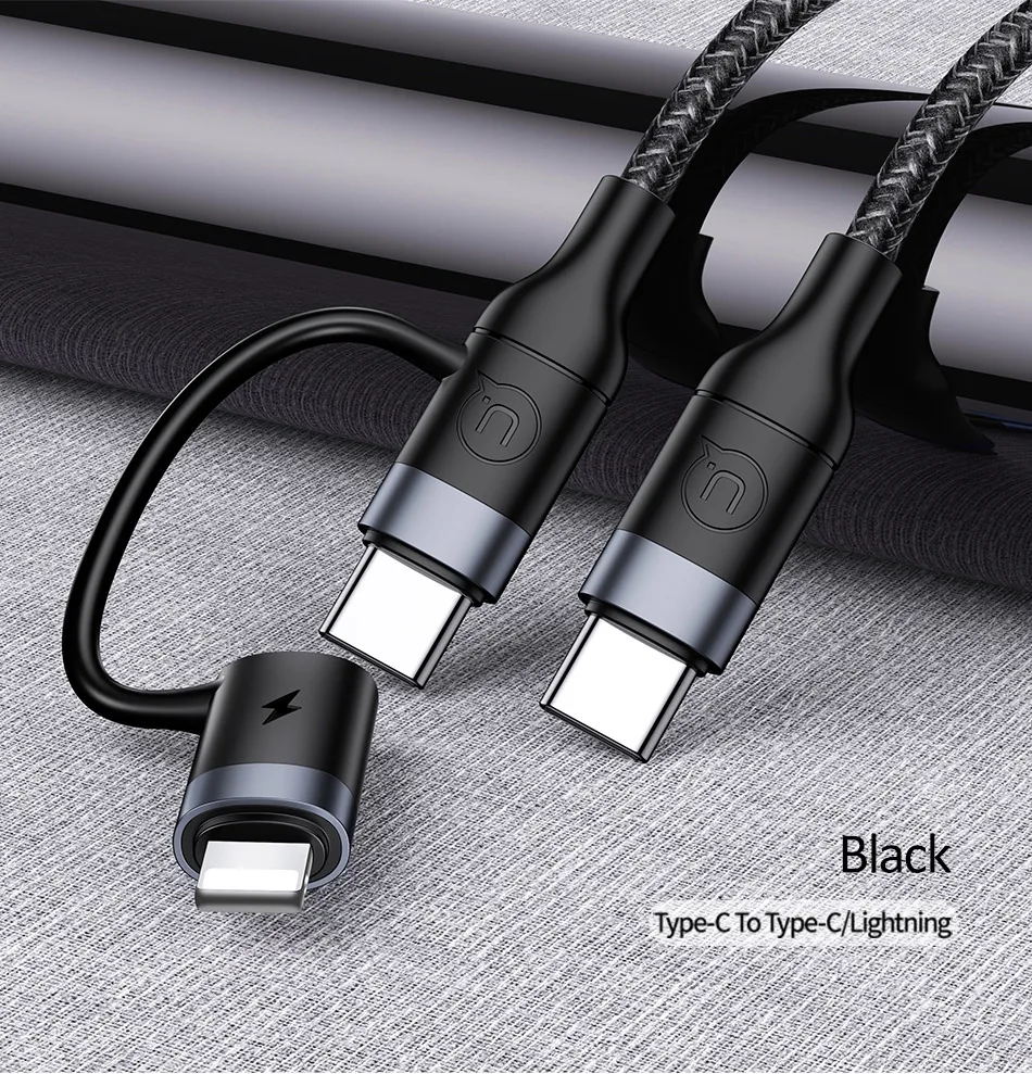 USAMS 2 в 1 USB C к usb type C кабель для Xiaomi huawei samsung USB C к Lightning Быстрая зарядка кабель Шнур для iPhone