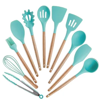 

11PCS Silicone Cooking Kitchen Utensils Set with Holder, Wooden Handles Cooking Tool BPA Free Non Toxic Turner Tongs Spatula