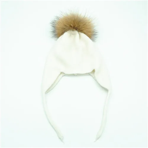 White natural fur Осенне-зимняя детская шапочка, шапка с натуральным мехом, шапка с помпоном для мальчиков и девочек, шерсть вязаная теплая шапочка, хлопковые шапки с ушками - Цвет: White natural fur