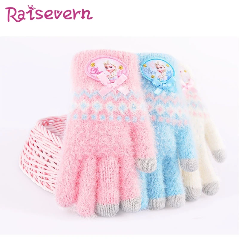 Raisvern/теплые перчатки принцессы с бантом для девочек; зимние вязаные мягкие детские перчатки для детей от 5 до 10 лет