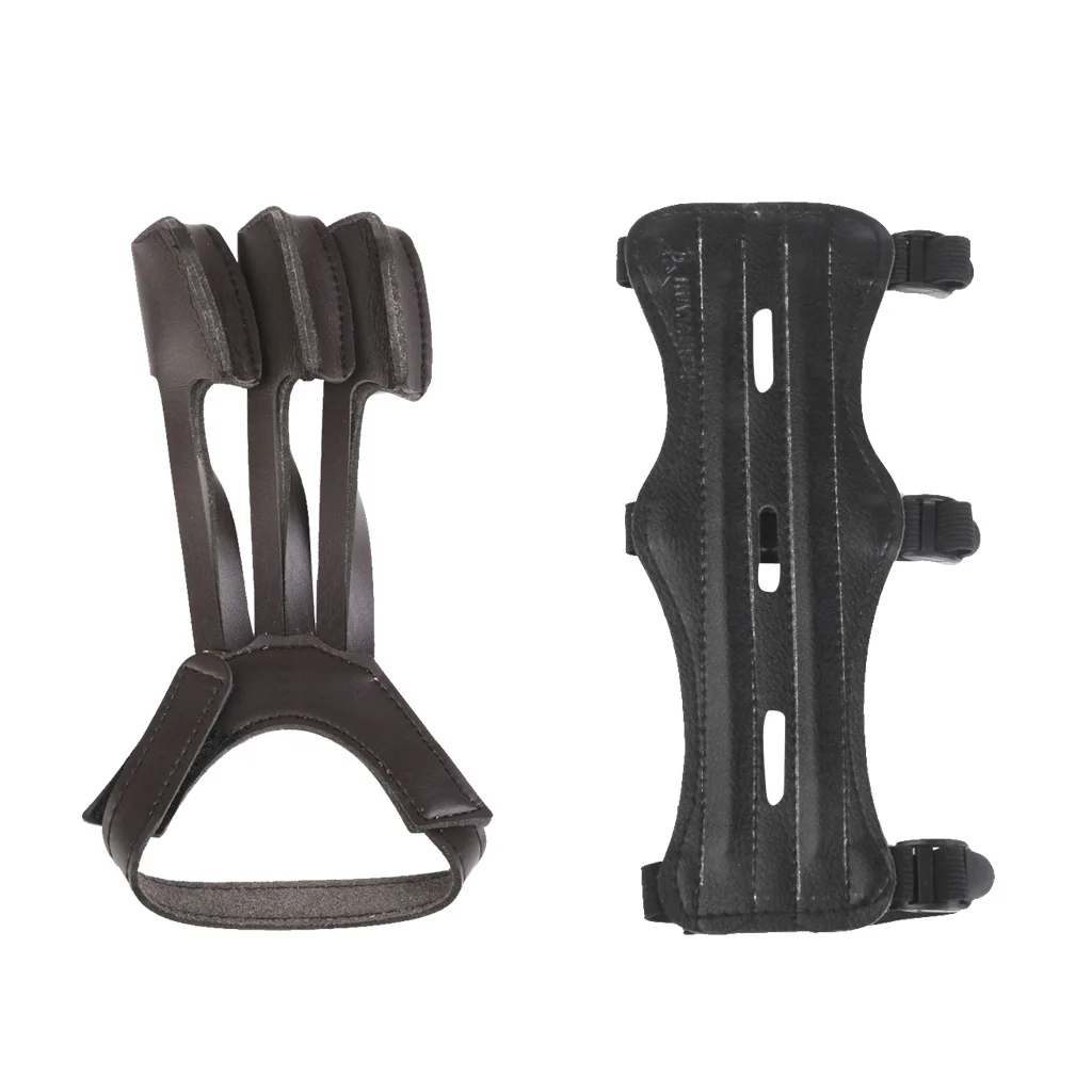 Archery Adjustable Elastic 3-Straps Artificial Leather Arm Guard & 3-fingers Protection Glove