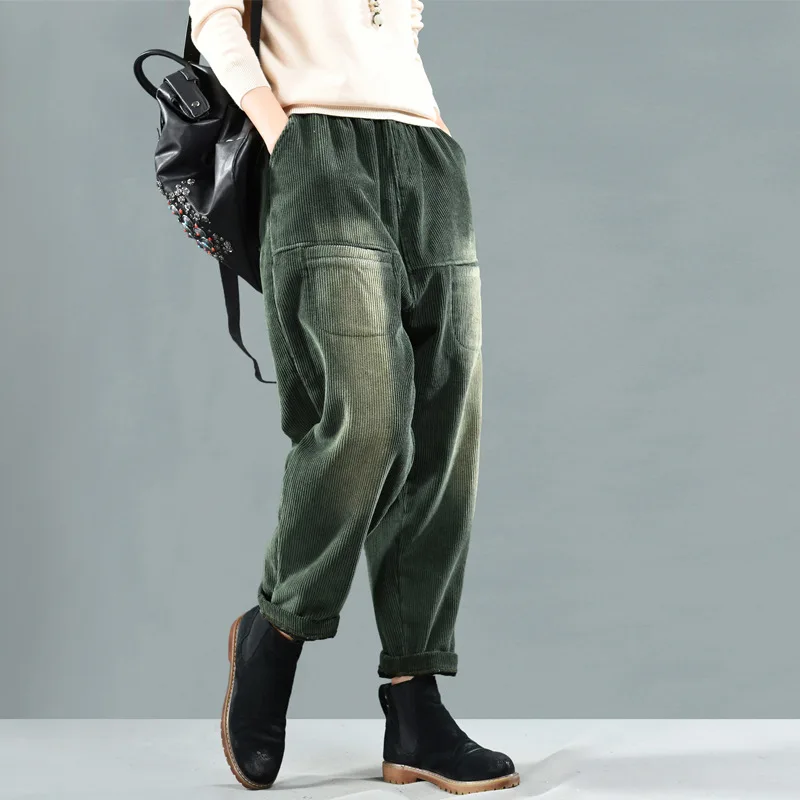 

2022 Autumn Winter New Retro Old Simple Black Harem Pants Plus Velvet Leisure Corduroy Thickened Women Trousers Free Shipping
