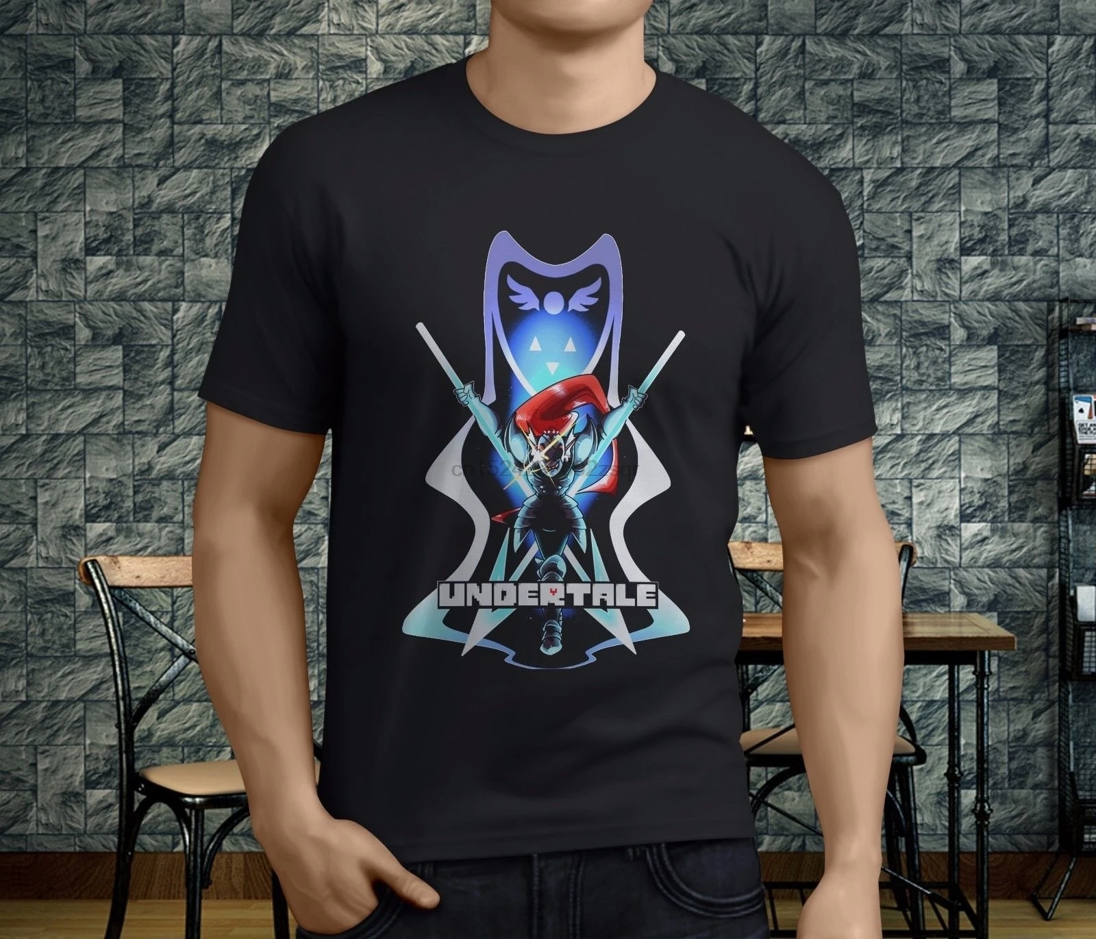 Undertale Undyne монстров Мужская черная футболка мужская с круглым вырезом Рубашка