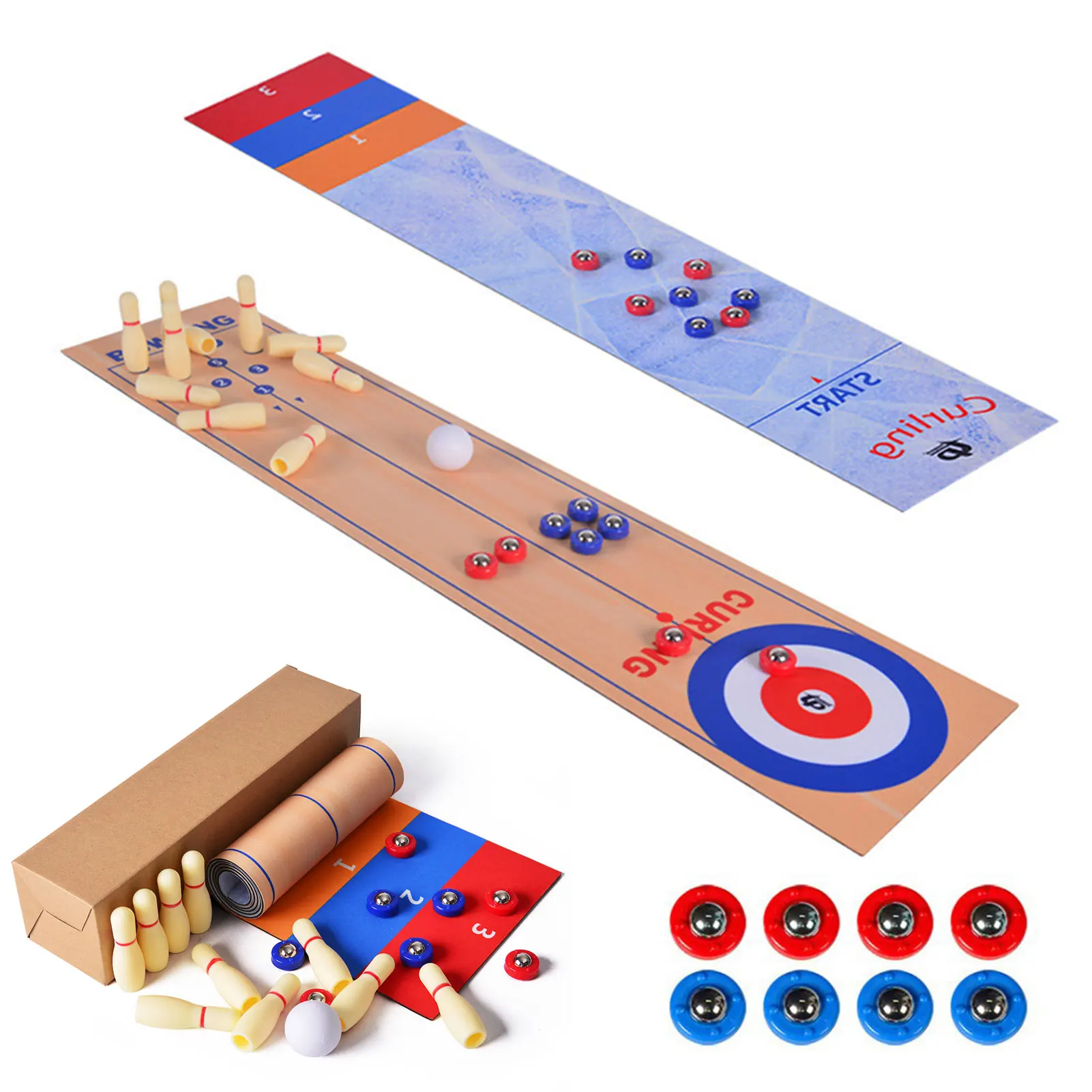 

10PCS Children Table Top Games 3 In 1 Foldable Shuffleboard Bowling And Curling Large Desktop Games Toy Set For Parent-Child