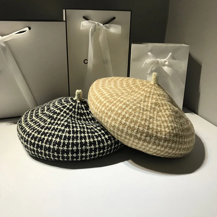 Модный шерстяной берет в клетку, женская кепка на осень и зиму, кепка в британском стиле, одноцветная шапка для художника, теплые шапки с тыквой, Boinas Para Mujer