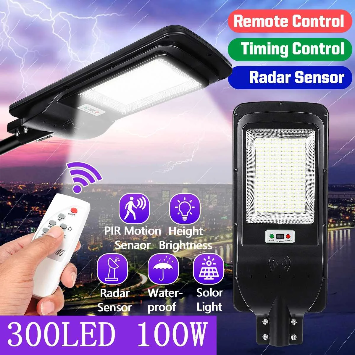 

Timing Remote Control 300 LED Solar Light 100W 5730smd Radar Sensor Outdoor Solar Lighting Waterproof IP65 for Garden Yard