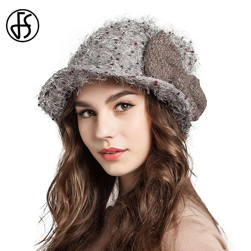 Gray buket hat FS модная женская шерстяная шляпа, зимние складывающиеся синие оранжевые коричневые фетровые шляпы с бантом, женские теплые шапки Sombrero De Pesca Mujer - Цвет: Gray buket hat
