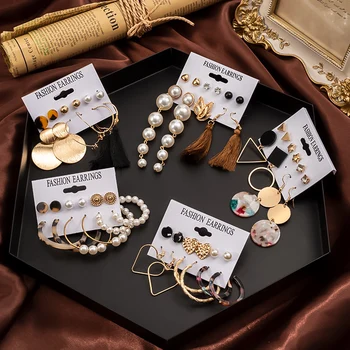 

New Pearl Earrings set for Women Statement Vintage Big Geometric Gold Long Drop Earrings Women's Fashion Jewelry 2020 Brincos