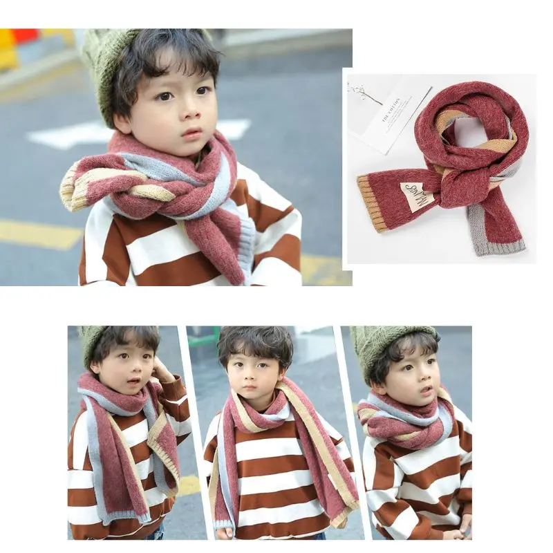 Зимние длинные шарфы в стиле пэчворк для маленьких мальчиков и девочек, 3 цвета, вязаный плотный шарф, шаль, Детские воротники, теплый детский шейный платок, шнур