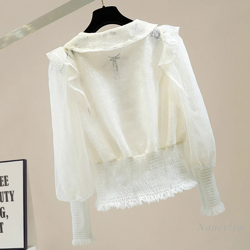 Women Fashion Blouse Retro Lantern Sleeve Diamond