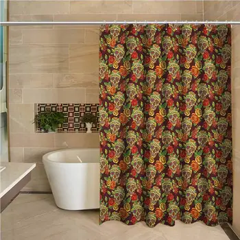 

Sugar Skull Odorless Waterproof Shower Curtain Autumn Colored Flowers and Leaves Patterns in Smily Head Bones Large Home