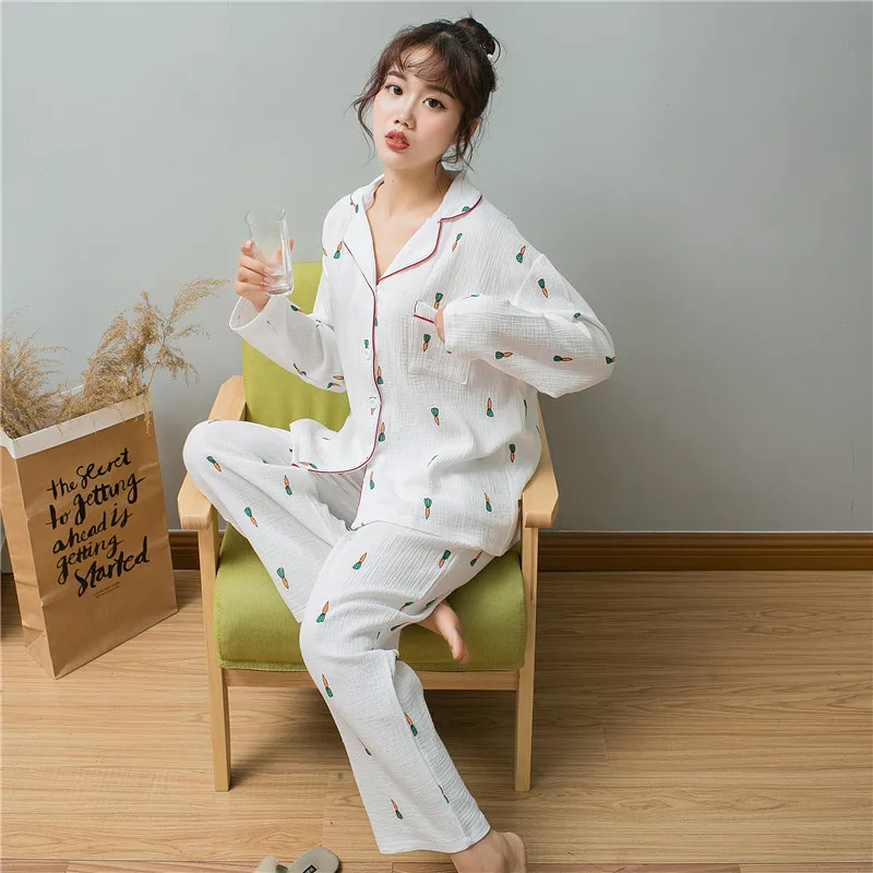 Full Printed Carrot Picture Cotton Cardigan V-neck Pajamas Set for Ladies Autumn and Winter Cute Sweet Home Clothes Women Pijama