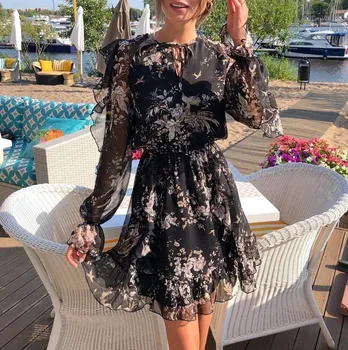 

Womens Elegant Lace Up O Neck Floral Print Ruffle Long Sleeve Cocktail Party Chiffon A-Line Dress Plus Size Robe Coktail Femme