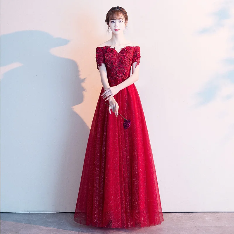 

Burgundy Evening Dresses 2020 Shiny Appliques Beading A Line Formal Dress Off The Shoulder Women Vestido Sexy Banquet Dress K257