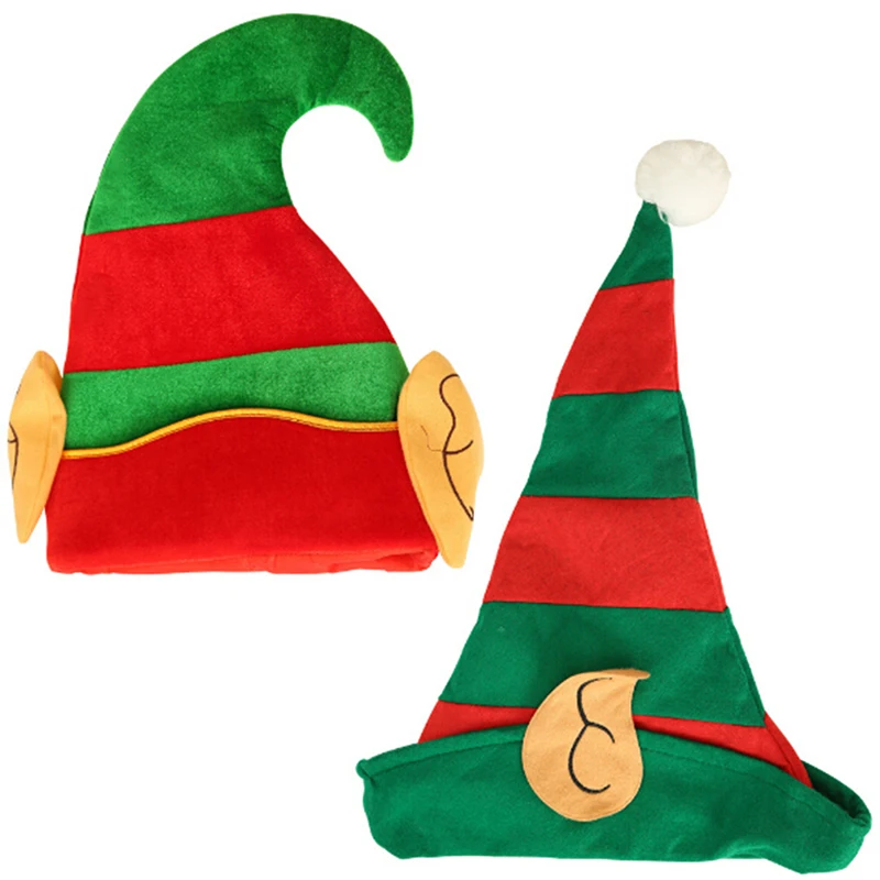 Christmas Elf Hat Adults With Ears Red Green Striped Design One Size Fits Most Non-woven Elf Hat With Ears 48 x 30cm 38 x 28cm